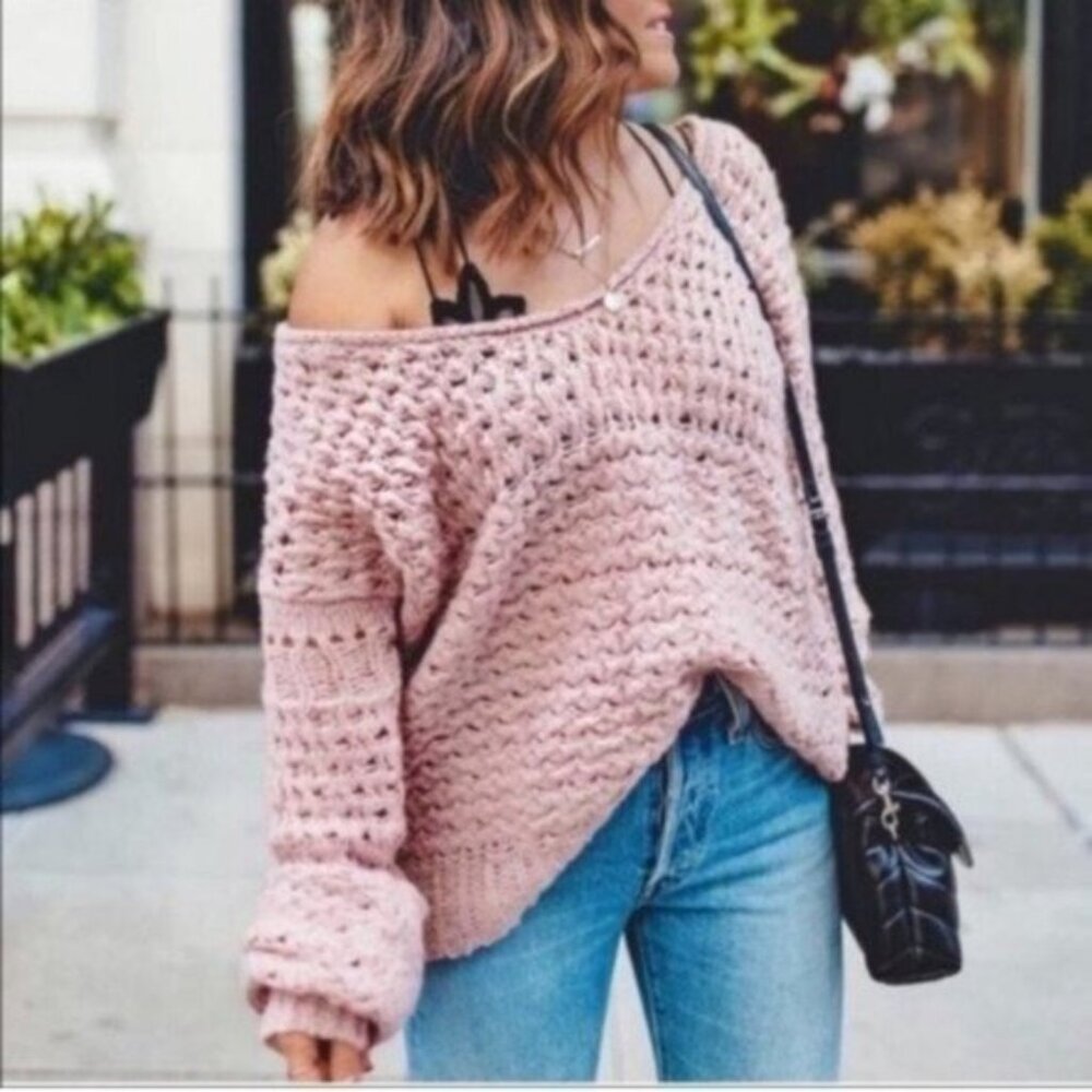 Free People Mauve Crochet Scoopneck Pullover Sweater Off the Shoulder